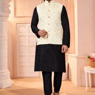 Off White Colour Mirror Work Modi Jacket With Kurta Pajama