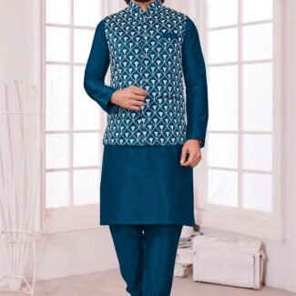 Teal Colour Mirror Work Modi Jacket With Kurta Pajama