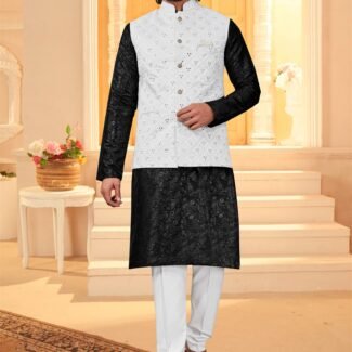 Black Colour Mirror Work Modi Jacket With Kurta Pajama