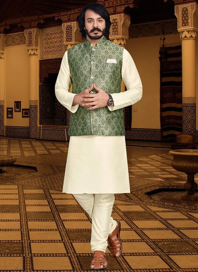 Green Colour Designer Modi Jacket With Kurta Pajama For Mens