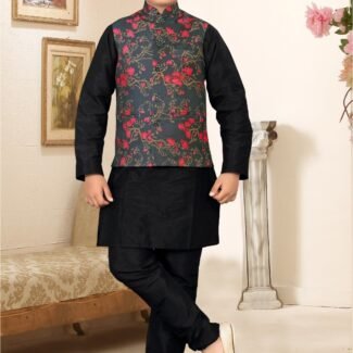 Kid's Black Colour Silk Kurta Pajama With Modi Jacket