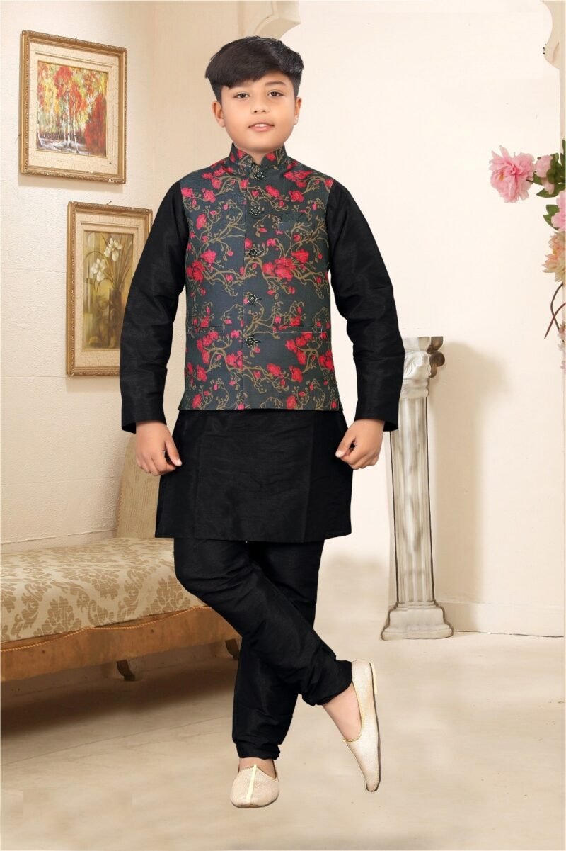 Kid's Black Colour Silk Kurta Pajama With Modi Jacket