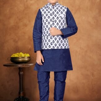 Kid's Blue And White Colour Silk Kurta Pajama With Modi Jacket