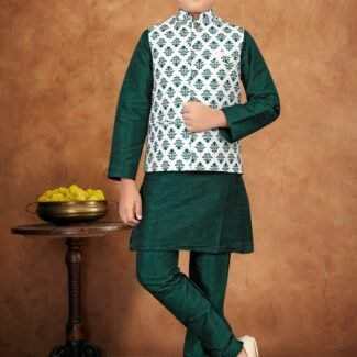 Kid's Green And White Colour Silk Kurta Pajama With Modi Jacket