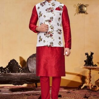 Red And White Colour Mens Function Wear Jacket With Kurta Pajama Collection