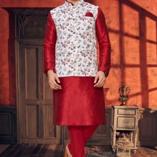 White And Red Colour Mens Function Wear Jacket With Kurta Pajama Collection