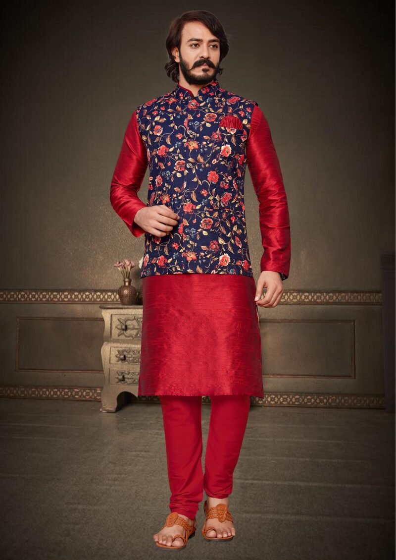 Red And Navy Blue Colour Mens Function Wear Jacket With Kurta Pajama Collection
