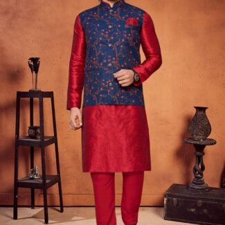 Red And Blue Colour Mens Function Wear Jacket With Kurta Pajama Collection
