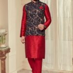 Red And Dark Green Colour Mens Function Wear Jacket With Kurta Pajama