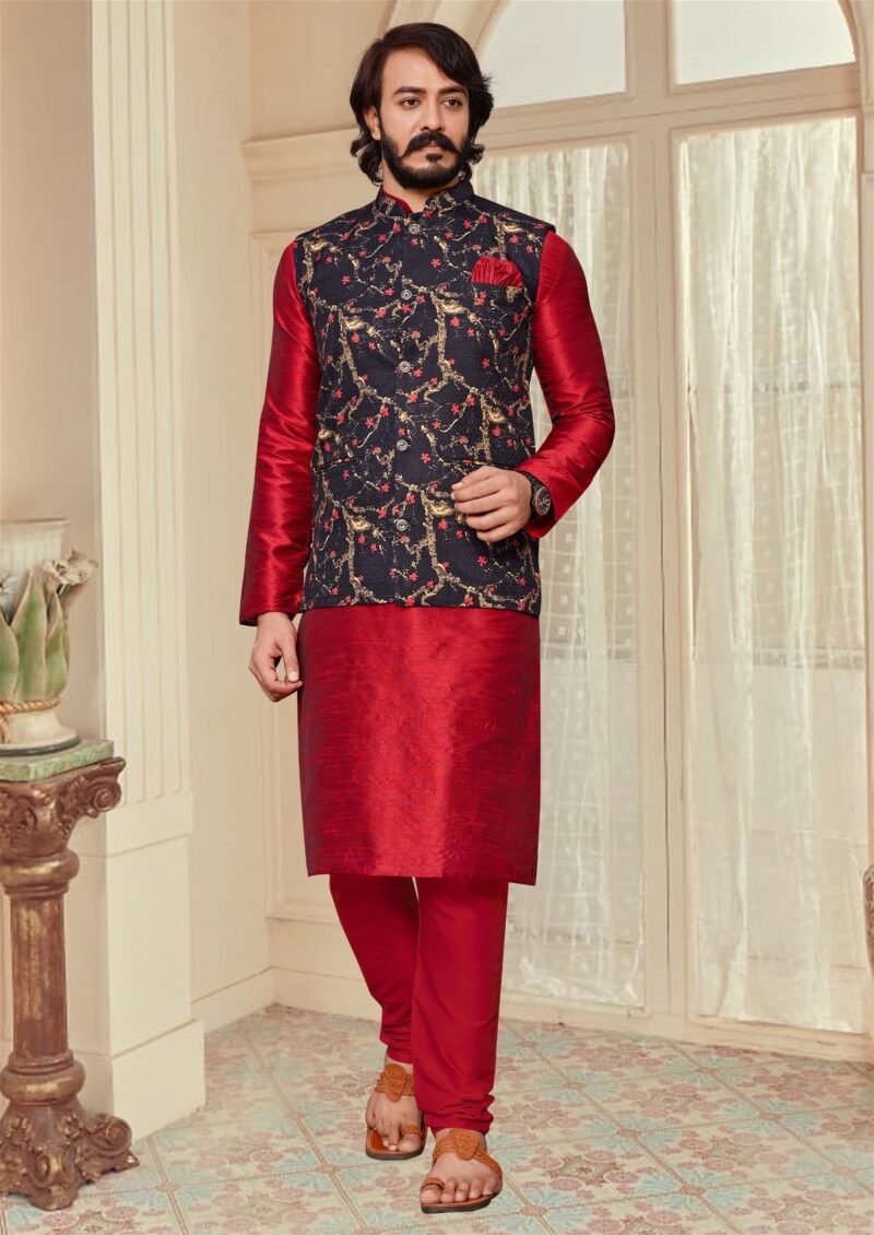 Red And Dark Green Colour Mens Function Wear Jacket With Kurta Pajama