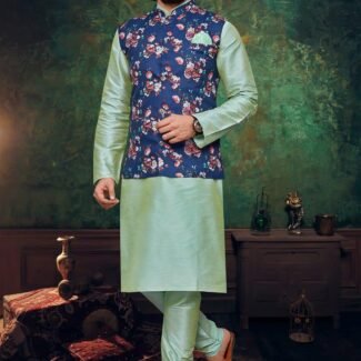 Pista Green Colour Mens Function Wear Jacket With Kurta Pajama Collection