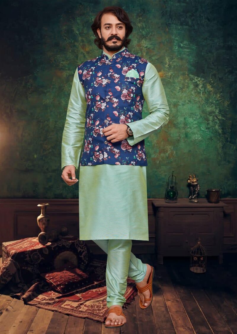 Pista Green Colour Mens Function Wear Jacket With Kurta Pajama Collection
