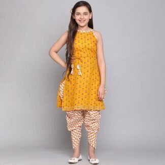 Mustard Colour Poly Cotton Girls Casual & Party Wear Kurta and Dhoti Pant Set