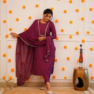 Women Wine Embroidered Kurta with Trousers With Dupatta