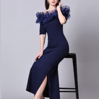 Women Stylish Solid Cotton Lycra Short Sleeve Maxi/Full Length Bodycon Navy Blue Dress