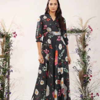 Black Women's Floral Printed Stylish Long Party Wear Maxi Dress