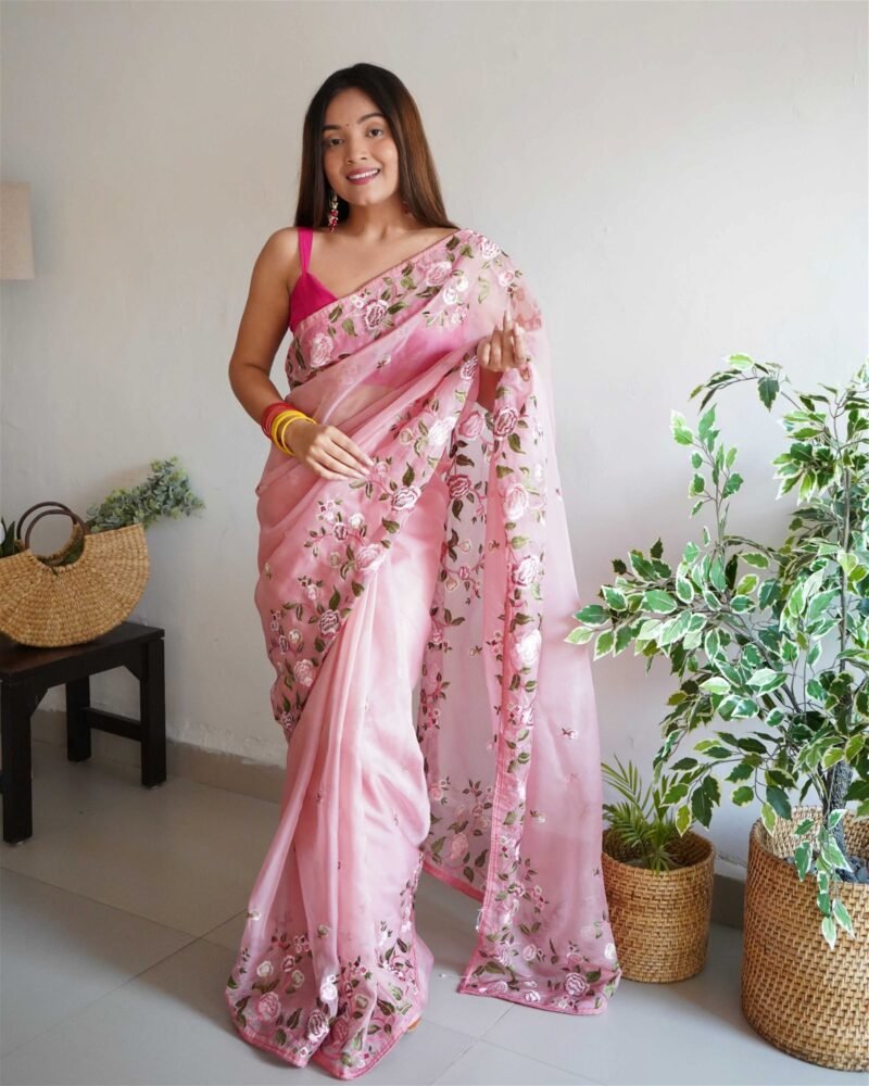 Pink Colour Organza Embroidery Work Saree