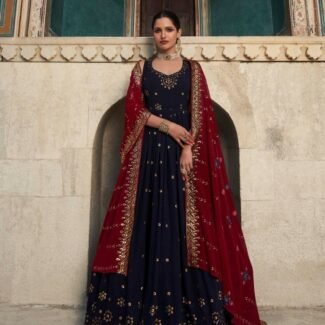 Navy Blue Women's Gown With Maroon Stylish Dupatta