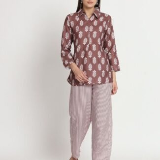 Coffee Colour Cotton Printed Party Wear Co-ords Set