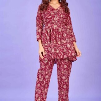 Maroon Colour Cotton Printed Party Wear Co-ords Set