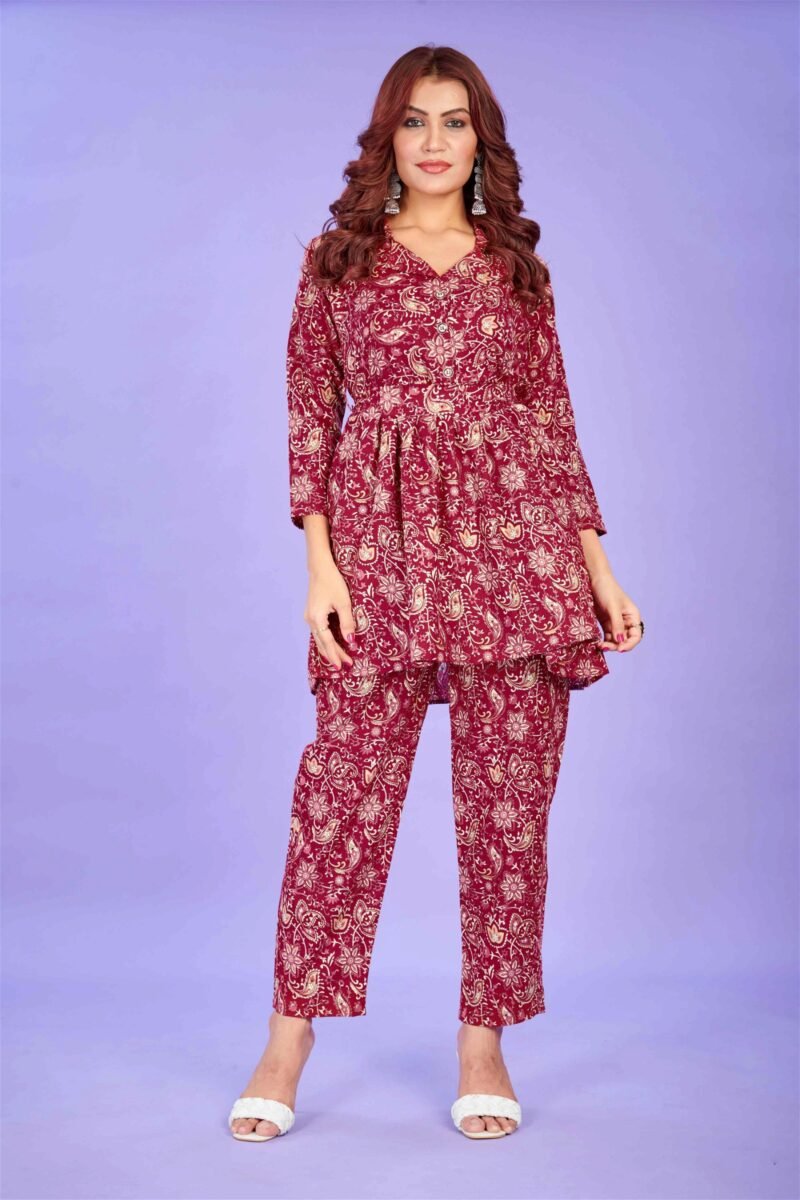 Maroon Colour Cotton Printed Party Wear Co-ords Set