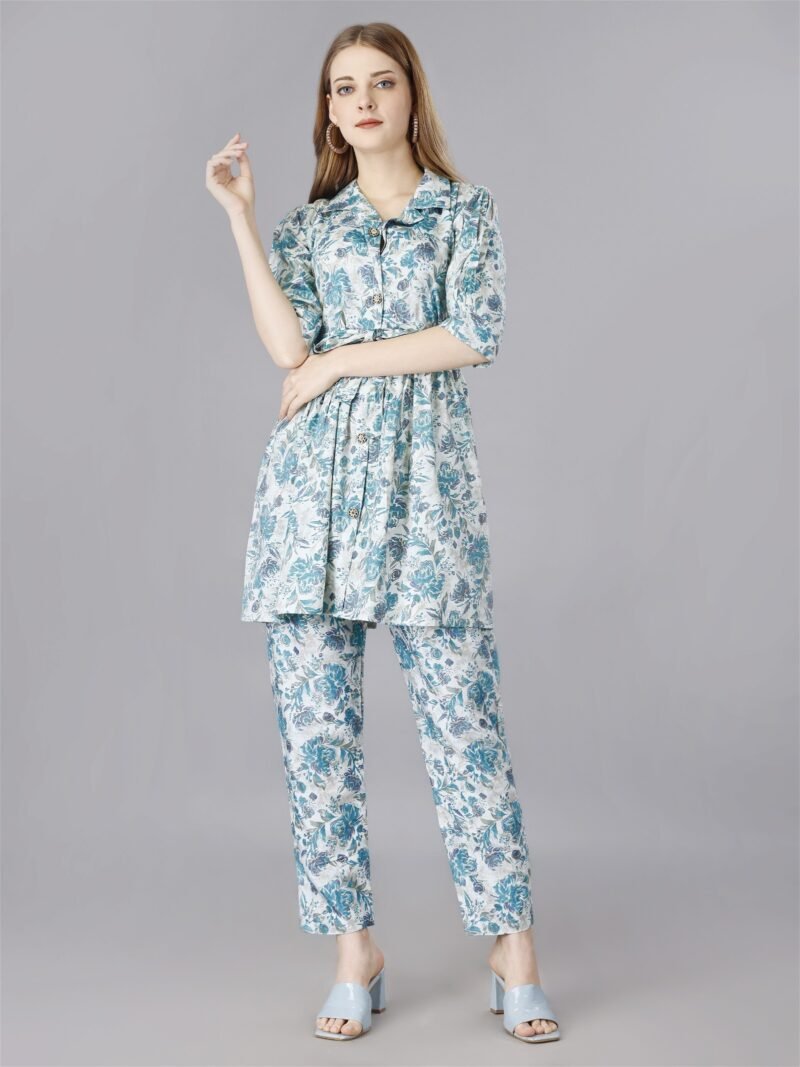 Printed Blue 2-Piece Shirt and Trousers Set