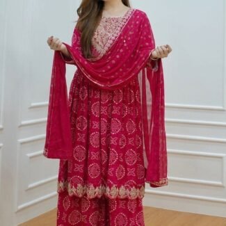 Partywear Designer Women Pink Sharara Suit Set