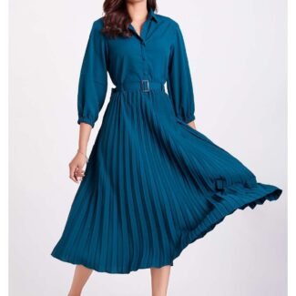 Teal Blue Colour Pleated Western Wear Drees For Women