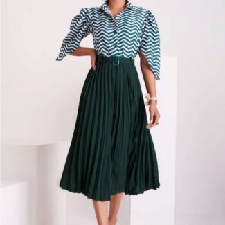 Green and White Pleated Western Wear Stylish Dress