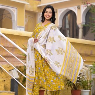 Block Printed Kurta and Pant Set with Dupatta in Yellow Color for Women