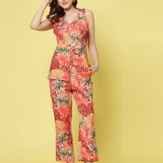 Women Co-ord Set Printed Sleeveless Top and Full Length Trouser Pant