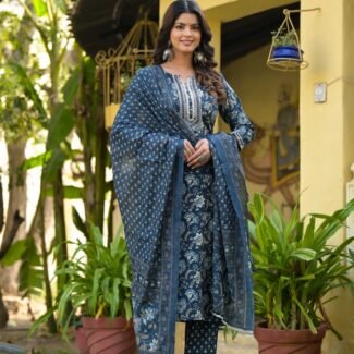 Blue Printed Straight Kurta Set with Bottom Wear and Dupatta