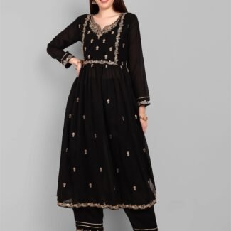 Women Embroidered Vichitra Silk kurta Pant set in Black Color