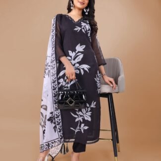Floral Design Black Kurta Set with Bottom and Dupatta