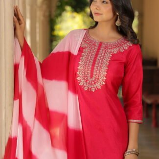 Fuchsia Pink Embroidered Designer Kurta With duppata and Bottom