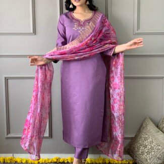 Luxurious Chanderi Silk Purple Kurta Set with Bottom