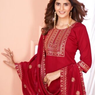 Maroon Embroidered Kurta set With Bottom Wear and Dupatta